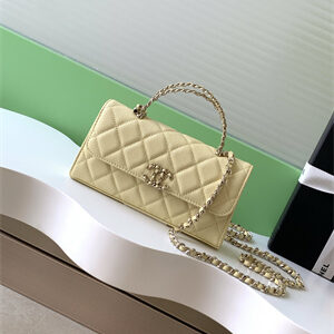 Cha.nel Clutch With Chain Top Handle Grained Calfskin Gold Tone Metal Yellow AP3238