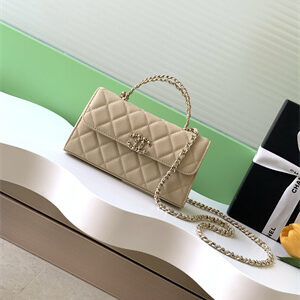 Cha.nel Clutch With Chain Top Handle Grained Calfskin Gold Tone Metal Beige AP3238