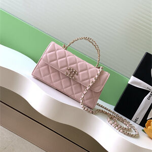 Cha.nel Clutch With Chain Top Handle Grained Calfskin Gold Tone Metal Pink AP3238