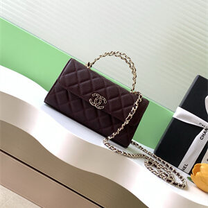 Cha.nel Clutch With Chain Top Handle Grained Calfskin Gold Tone Metal Burgundy AP3238