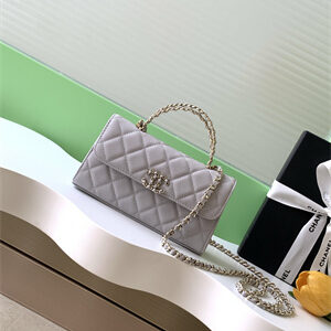 Cha.nel Clutch With Chain Top Handle Grained Calfskin Gold Tone Metal Grey AP3238