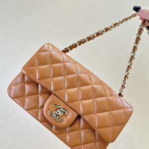 Chanel Mini Classic Flap Bag Lambskin Gold Tone Metal Caramel Color 01116 TOP
