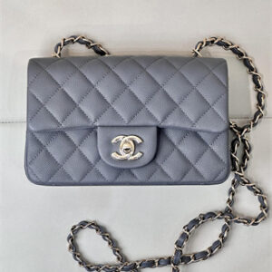 Chanel Mini Classic Flap Bag Grained Calfskin Gold Tone Metal Dk Grey 01116 TOP