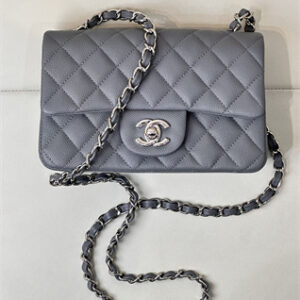 Chanel Mini Classic Flap Bag Grained Calfskin Silver Tone Metal Dk Grey 01116 TOP