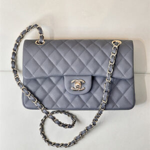 Chanel Small Classic Flap Bag Grained Calfskin Gold Tone Metal Dk Grey 01117 TOP