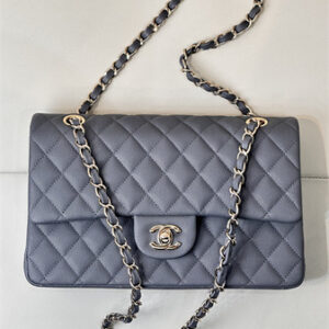 Chanel Medium Classic Flap Bag Grained Calfskin Gold Tone Metal Dk Grey 01112 TOP