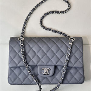 Chanel Medium Classic Flap Bag Grained Calfskin Silver Tone Metal Dk Grey 01112 TOP