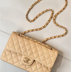 Chanel Small Classic Flap Bag Grained Calfskin Gold Tone Metal Beige 01117 TOP
