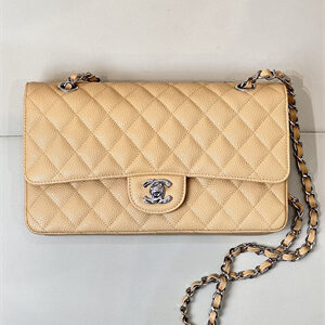 Chanel Medium Classic Flap Bag Grained Calfskin Silver Tone Metal Beige 01112 TOP