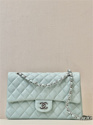 Chanel Medium Classic Flap Bag Grained Calfskin Silver Tone Metal Mint 01112 TOP