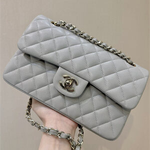 Chanel Small Classic Flap Bag Grained Calfskin Gold Tone Metal Grey 01117 TOP