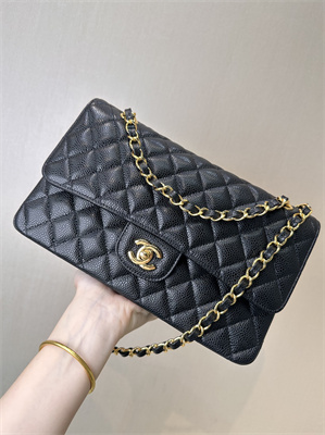 Chanel Medium Classic Flap Bag Grained Calfskin Gold Tone Metal Black 01112 TOP