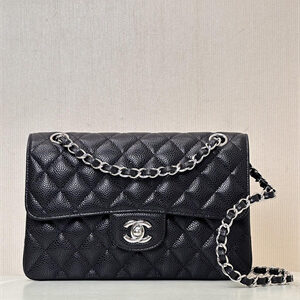 Chanel Small Classic Flap Bag Grained Calfskin Silver Tone Metal Black 01117 TOP