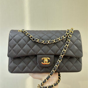Chanel Medium Classic Flap Bag Grained Calfskin Gold Tone Metal Dk Coffee 01112 TOP