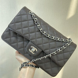 Chanel Medium Classic Flap Bag Grained Calfskin Silver Tone Metal Dk Coffee 01112 TOP