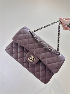 Chanel Small Classic Flap Bag Grained Calfskin Gold Tone Metal Chocolate 01117 TOP