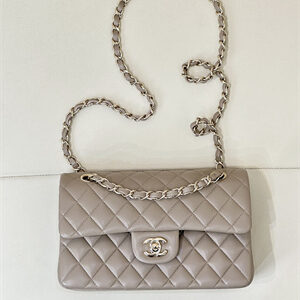 Chanel Small Classic Flap Bag Lambskin Gold Tone Metal  Cream Grey 01117 TOP