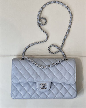 Chanel Medium Classic Flap Bag Grained Calfskin Silver Tone Metal Dusty Blue 01112 TOP