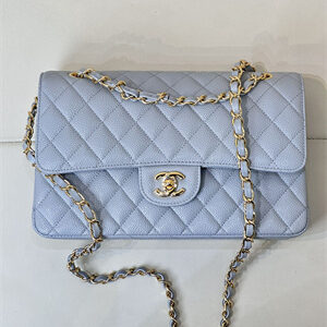 Chanel Medium Classic Flap Bag Grained Calfskin Gold Tone Metal Dusty Blue 01112 TOP