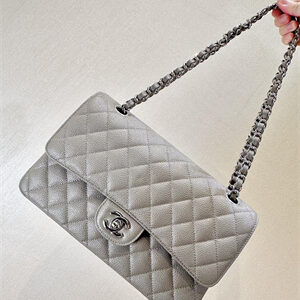 Chanel Medium Classic Flap Bag Grained Calfskin Silver Tone Metal Etoupe 01112 TOP