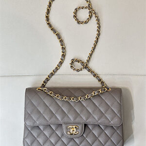 Chanel Medium Classic Flap Bag Grained Calfskin Gold Tone Metal Etoupe 01112 TOP