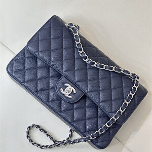 Chanel Medium Classic Flap Bag Grained Calfskin Silver Tone Metal Navy 01112 TOP