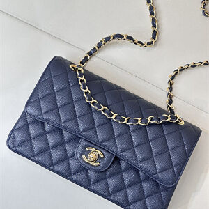 Chanel Medium Classic Flap Bag Grained Calfskin Gold Tone Metal Navy 01112 TOP
