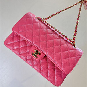 Chanel Medium Classic Flap Bag Grained Calfskin Gold Tone Metal Peach Red 01112 TOP