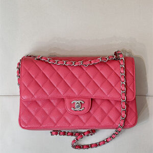 Chanel Medium Classic Flap Bag Grained Calfskin Silver Tone Metal Peach Red 01112 TOP