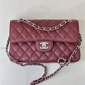 Chanel Small Classic Flap Bag Grained Calfskin Silver Tone Metal Burgundy 01117 TOP