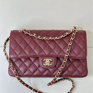 Chanel Medium Classic Flap Bag Grained Calfskin Gold Tone Metal Burgundy 01112 TOP
