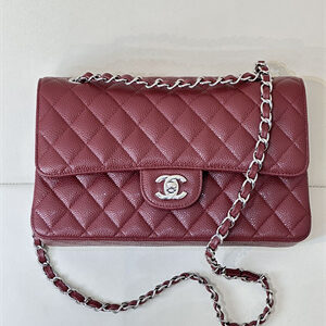 Chanel Medium Classic Flap Bag Grained Calfskin Silver Tone Metal Burgundy 01112 TOP