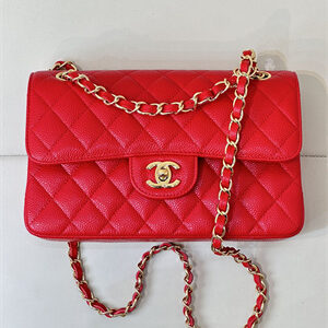 Chanel Small Classic Flap Bag Grained Calfskin Gold Tone Metal Red 01117 TOP