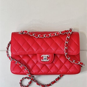 Chanel Small Classic Flap Bag Grained Calfskin Silver Tone Metal Red 01117 TOP