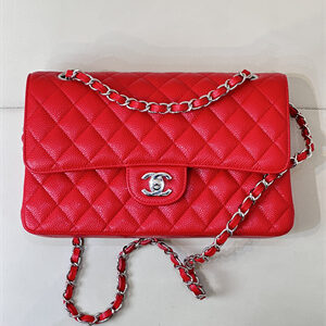 Chanel Medium Classic Flap Bag Grained Calfskin Silver Tone Metal Chinese Red 01112 TOP