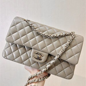 Chanel Medium Classic Flap Bag Lambskin Gold Tone Metal Cream Grey 01112 TOP