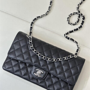 Chanel Medium Classic Flap Bag Grained Calfskin Silver Tone Metal Black 01112 TOP