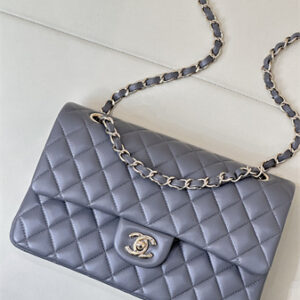 Chanel Medium Classic Flap Bag Lambskin Gold Tone Metal Dk Grey 01112 TOP