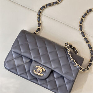 Chanel Mini Classic Flap Bag Lambskin Gold Tone Metal Dk Grey Color 01116 TOP