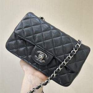 Chanel Mini Classic Flap Bag Grained Calfskin Silver Tone Metal Black Color 01116 TOP