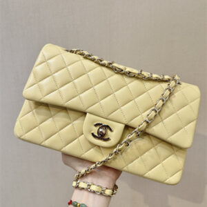 Chanel Medium Classic Flap Bag Lambskin Gold Tone Metal Yellow 01112 TOP