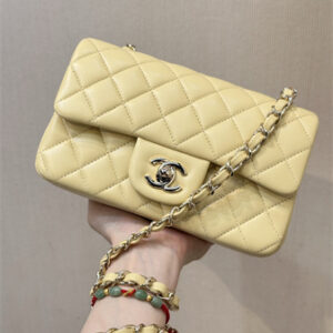 Chanel Mini Classic Flap Bag Lambskin Gold Tone Metal Yellow Color 01116 TOP