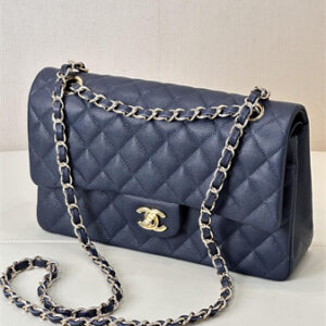 Chanel Medium Classic Flap Bag Grained Calfskin Gold Tone Metal Navy 01112 TOP