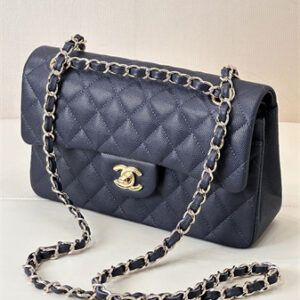 Chanel Small Classic Flap Bag Grained Calfskin Gold Tone Metal Navy 01117 TOP