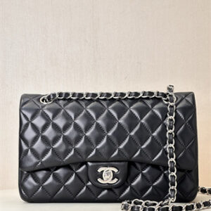 Chanel Medium Classic Flap Bag Lambskin Silver Tone Metal Black 01112 TOP