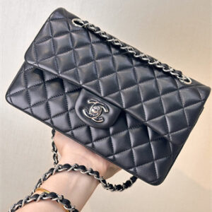 Chanel Small Classic Flap Bag Lambskin Silver Tone Metal Black 01117 TOP