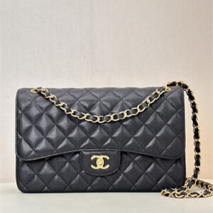 Chanel Large Classic Flap Bag Grained Cafskin Gold Tone Metal Black 58600 TOP