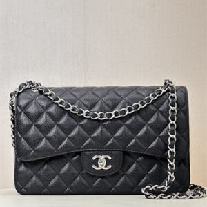 Chanel Large Classic Flap Bag Grained Cafskin Silver Tone Metal Black 58600 TOP