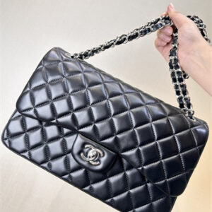 Chanel Large Classic Flap Bag Lambskin Silver Tone Metal Black 58600 TOP