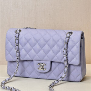 Chanel Medium Classic Flap Bag Grained Calfskin Silver Tone Metal Lt Purple 01112 TOP